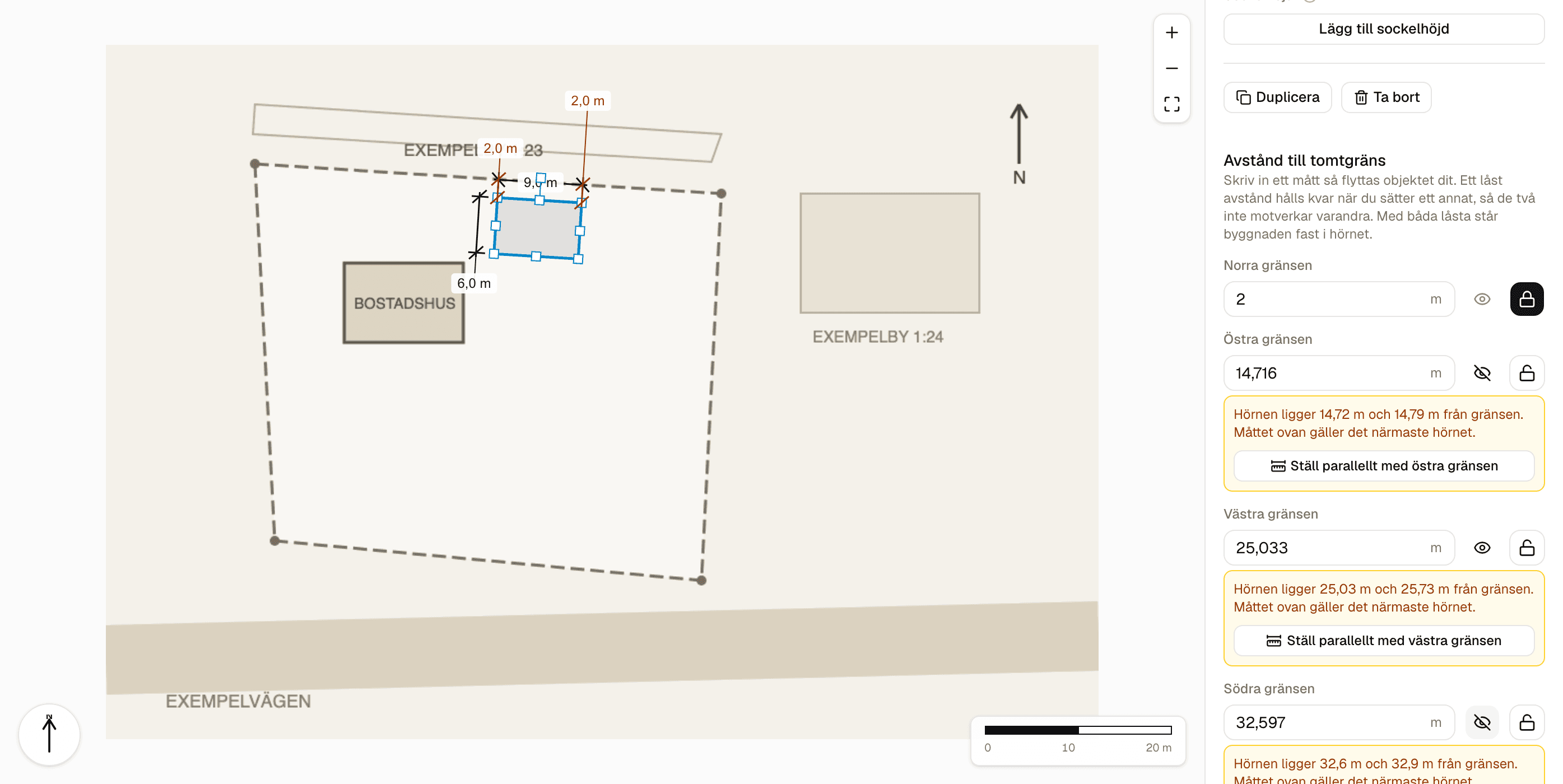 Ritytan med en byggnad placerad 2 meter från tomtgränsen. Måttet är utritat från båda hörnen och låst, och panelen till höger visar avståndet inskrivet i ett fält.