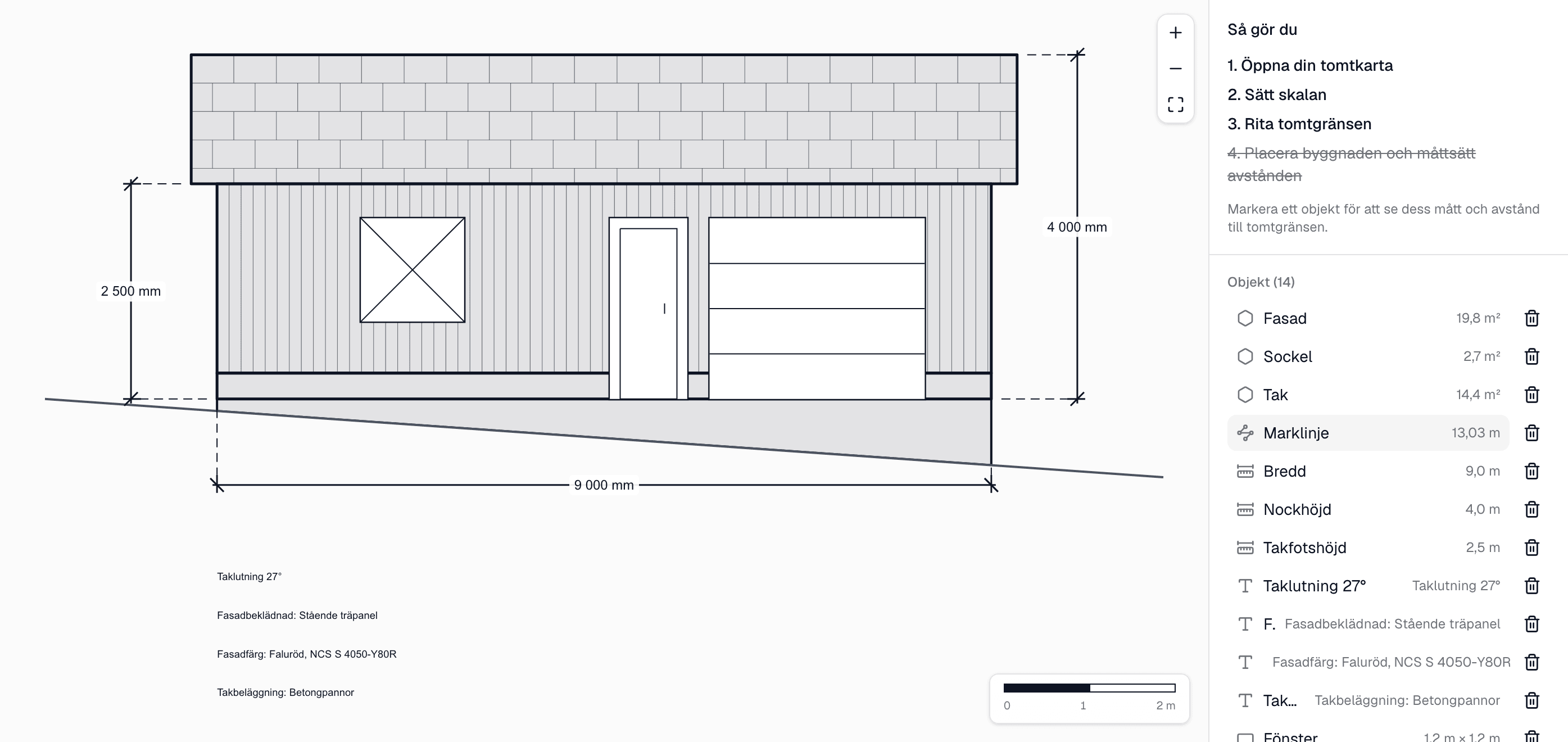 Ett fasadblad i verktyget på en sluttande tomt: garage med stående träpanel, takpannor, fönster, dörr och garageport, där sockeln följer marken ner och panelen slutar ovanför den. Måttsatt 9 000 mm brett med nockhöjd 4 000 mm.
